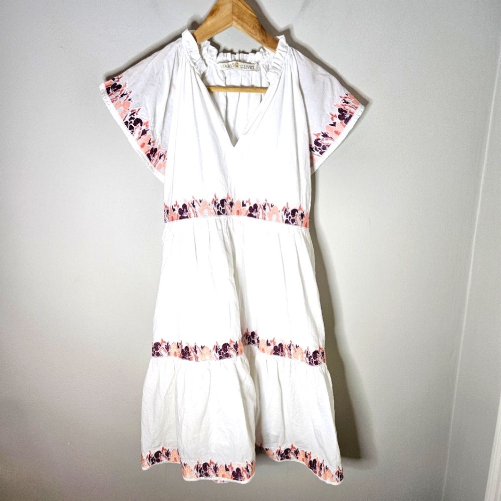 Marie Oliver White Embroidered Tiered Cotton Prairie Dress XXS